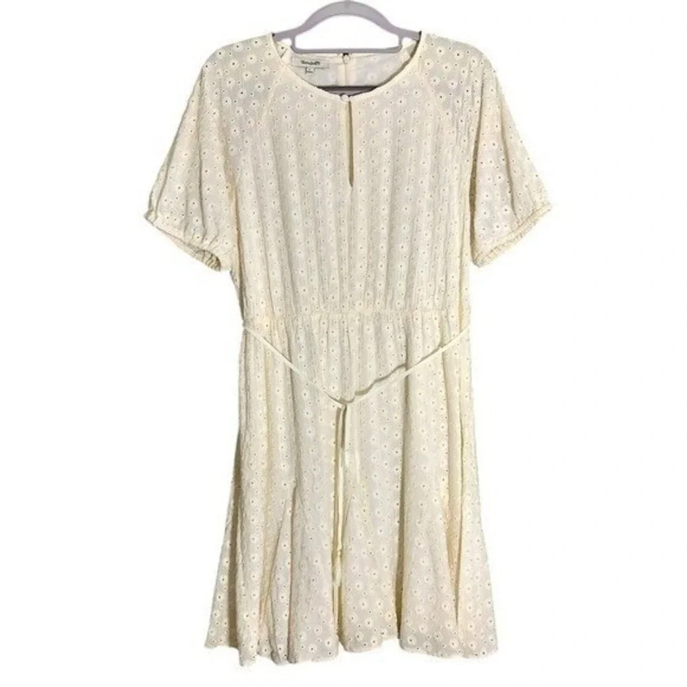 Madewell Dress Women 4 Cream Eyelet Embroidery Cottagecore Belted Prairie Resort